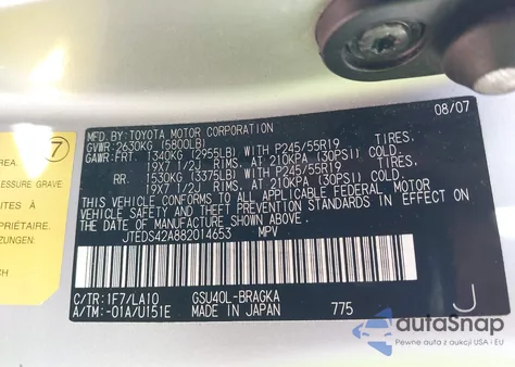 2008 Toyota Highlander Limited z USA, uszkodzony, nr VIN JTEDS42A882014653